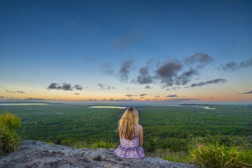 Queensland road trip - girl at the top of Mt Tinbeerwah